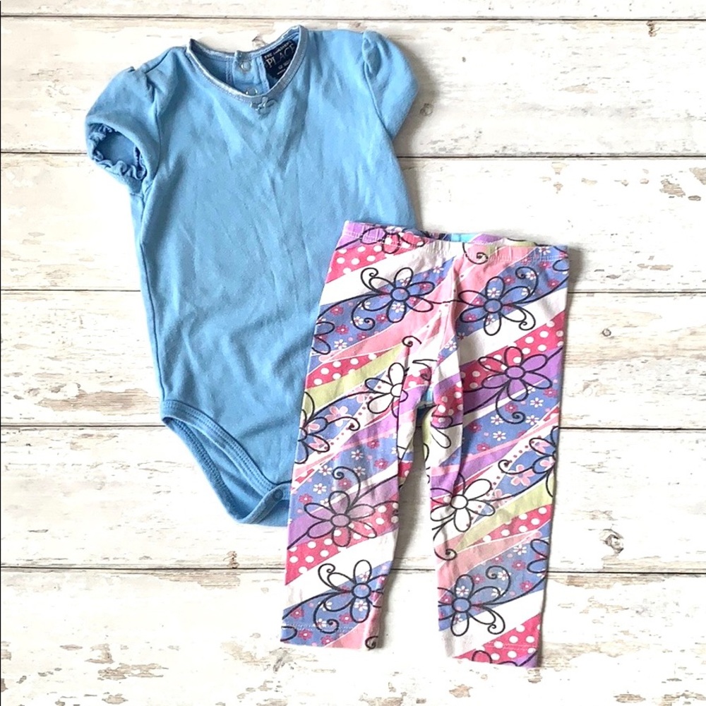 Baby Girls 12m Outfit Children’s Place Floral Stripes Print Leggings Blue Onesie